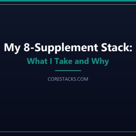 Personal daily supplement stack with eight supplement bottles