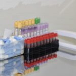 At-home blood test kit with laboratory tubes for longevity biomarker testing