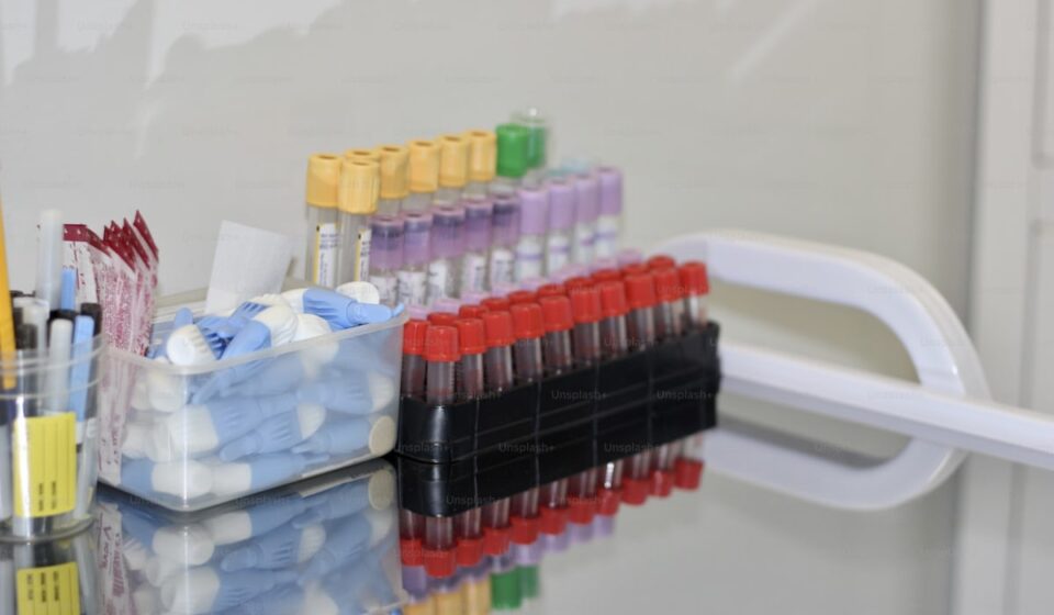 At-home blood test kit with laboratory tubes for longevity biomarker testing